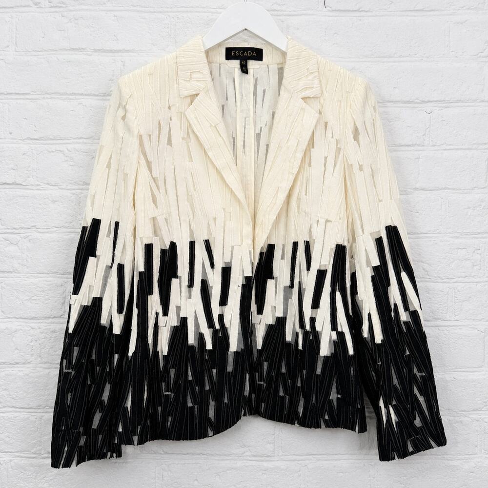 Escada Black Off White color-blocked Blazer Size 40 L One Button Sheer Silk